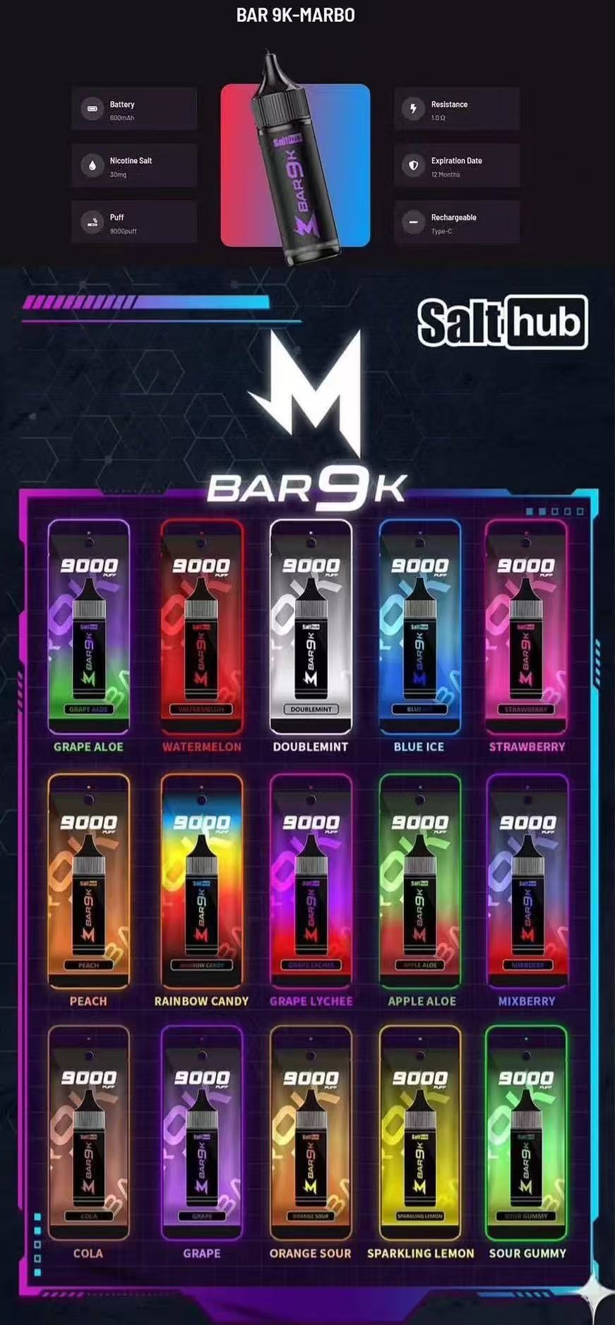 Marbo Bar 9000 Puffs:泰國馬博爆款拋棄式,雙網芯智能油電顯示,現貨供應(图1)